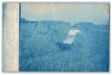 c1910's Candid Woman Dog Hay Field Cyanotype Toledo OH RPPC Photo Postcard picture