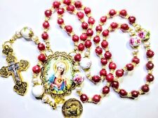 Victorian Style Brazilian Ruby Bead Rose Ceramic Bead Sacred Heart Mary Rosary picture