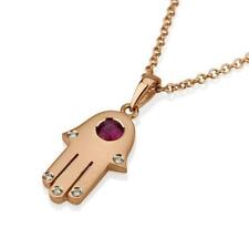 Ruby Diamond Hamsa Hand Pendant Necklace 18k Rose Gold Protection Jewish Jewelry picture