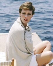 Julie Andrews towel around shoulders 1960's era sits by ocean 4x6 inch photo picture