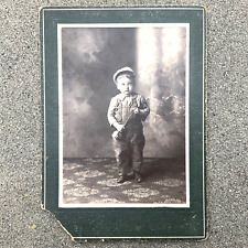 c.1910s ANTIQUE CABINET PHOTO: ENGINEER BOY in VTG WORKWEAR w/OVERALLS & OIL CAN picture