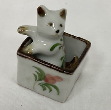 Kitty Cat in Basket Hand Painted Flowers Ceramic Crafted in Thailand Vintage picture