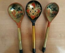 Vintage Russian Khokhloma Wood Spoons Lot Of 3 Hand Painted Soviet USSR picture