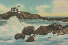 c1930s Nubble LIght York Beach Maine waves rocks light house linen D747 picture