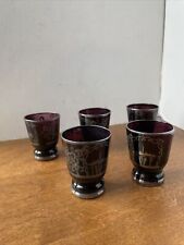 Set Of 5 MCM Vintage Amethyst Venetian Glass Silver Overlay Sake Shot Glasses picture