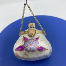 Vintage German Blown Glass Purse Ornament White Purple Flowers Christmas Gold picture