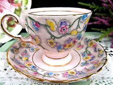 TUSCAN tea cup and saucer pink base painted blossom flowers teacup 1930's  picture