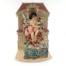 Victorian Pop-Up Cupid Valentine Card c1900 Diecut Stand-Up Rose Flowers B447 picture