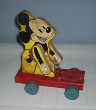 Vintage Walt Disney Productions Wood Mickey Mouse Pull Toy On Wagon 7