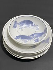 White & Blue Vintage Japanese Plates With Puffer/Fugu Fish Painting Set Of 5 VTG picture