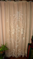 Victorian Cotton Lace Curtains Net W/ Long Hand Made Fringe 2 Panels 88x54 Vtg picture