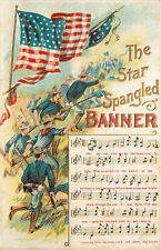 Embossed Postcard Star Spangled Banner Musical Notation American Flag & Soldiers picture