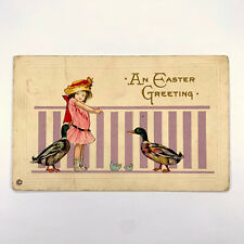 Postcard Easter Little Girl Pink Dress Mallard Duck1910s Unposted Stecher 614 D picture