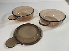 3 Pc Corning Pyrex Amber Glass 2 Grab and Go Dishes and 1 Lid 5” x 2” picture