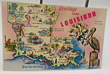 Postcard Greetings from Louisiana chrome map Vintage Souvenir Travel Postcard picture