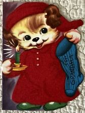 Vintage Christmas Dog Puppy Candle Stocking Flocked Greeting Card 1940s 1950s picture