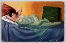 Artist Max Barascudts Glamour Girl Sexy Women Sheer Gown on Bed Postcard G28 picture