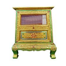 Thai Buddhist Wooden Donate Box Golden Antique Style Temple Stained Glass Decor picture