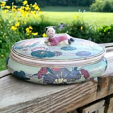 Chinese Vintage Dynasty Ceramic Covered Dish Floral Bird Design Teinket Jewelry picture