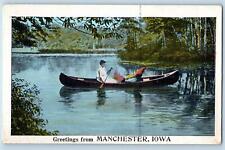Manchester Iowa IA Postcard Canoeing On Lake Trees Scenic View c1920s Antique picture