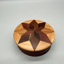 Vintage Round Wooden Inlaid Marquetry Evening Star Trinket Box 4.5” Handmade picture