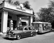 1950s Vintage CAR & TRAILER at SHELL GAS STATION Photo  (184-W) picture