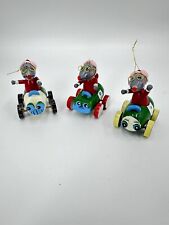 Vintage Lot Of Three Wooden Christmas Ornament Mouse In Santa Hat Driving Car picture