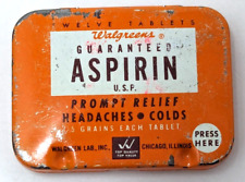 Vintage Walgreens 12 Tablet Aspirin Drug Store Medicine Orange Tin Case F24 picture