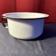 Vintage 7” Enamel Chamber Pot White Black Rim Metal Bathroom Decor Bowl picture