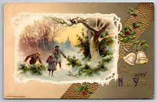 New Year's Day~Family Gathers Greenery~Icy Inset~Gold Bells~Emb~1911 John Winsch picture
