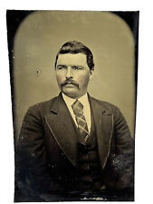 Victorian Man Cheek Tint Mustache Stripe Tie 1/6 Antique Tintype 1870-1880s picture