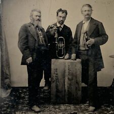 Antique Tintype Group Photograph Dapper Men Drinking Wine Horn Wood Crate Unique picture