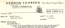 1938 HUDSON CLOTHES GORDON AND SCHULMAN N.Y. YOUNG MEN'S  BILLHEAD INVOICE Z512 picture