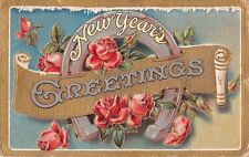 1912 New Year PC of Pink Roses With a Scroll & a Horseshoe-Good Luck NY Ser No.1 picture