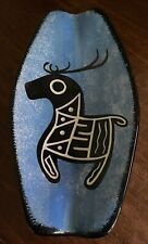 Vintage Ceramic Incised Pottery Ashtray Dish Blue Black White Modern Animal Deer picture