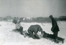 K696 Vtg Photo FAMILY SNOW DAY SLEDDING, PEUGEOT STATION WAGON c 1957 picture