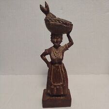 Vintage Folk Art Hand Carved Wood Woman Figurine Basket On Head, Necklace Dress picture