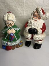 Vintage Mr & Mrs Santa Claus Atlantic Mold Ceramic Figures Lrg Rare Green Color picture