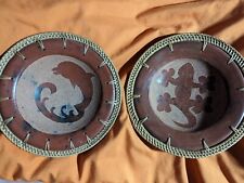 VTG Lot Hand Carved Gecko Lizard & Whale on Wood Bowls W Grass Woven Edge 9