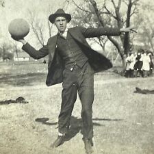 O5 Photograph 1910-20's Handsome Man Throwing Basketball *Glued Back* picture