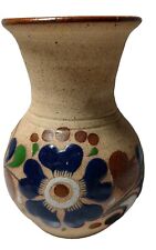 Vintage Tonala Mexico Folk Art Pottery Budface Hand Painted Blue Flower 5.5 In picture