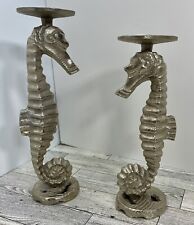 Set Of 2 Silver Seahorse Figural Candle Holder Candlestick Novelty Beach Coastal picture
