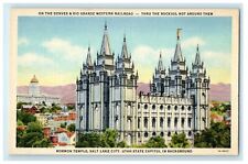 c1930s Mormon Temple, Salt Lake City, Utah State Capitol in Background Postcard picture