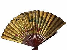 Extra Large Vintage Chinese Gold Hand-Painted Peacock & Blossoms Wall Fan READ picture