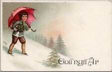 Vintage 1910s Swedish HAPPY NEW YEAR Postcard Boy w/ Umbrella / Flowers - UNUSED picture