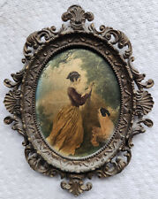 Rare Miniature Silk Artwork in Brass Frame Asian Girl and Dog 6x4.5 picture