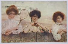1907-1915 3 Queen Victorian Women Over Fence W/ Racket Postcard 🎾 picture