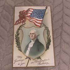 Antique Washington's Birthday Postcard. Portrait Of George And American Flag picture