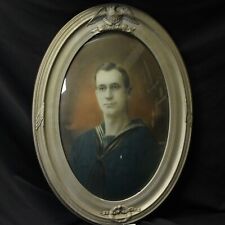 1918 WWI Hand Painted Navy Sailor Photo Oil Oval Bubble Glass Frame USA Flag picture