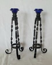 Antique Pair of Spanish Revival Twisted Iron & Cobalt Glass Candlesticks picture